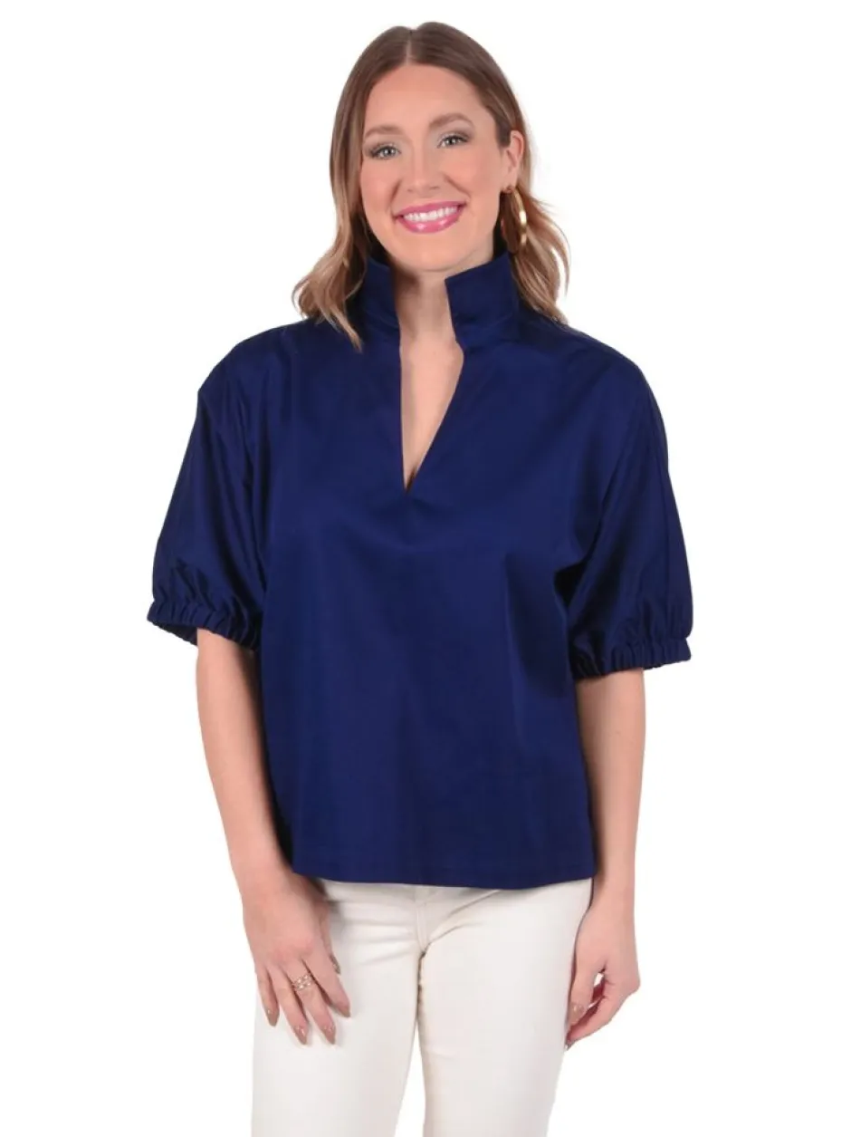 Blouses-Emily McCarthy Poppy Top Navy Cotton Poplin