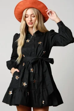 Mini-Peach Love California Star Sequin Patch Shirt Dress