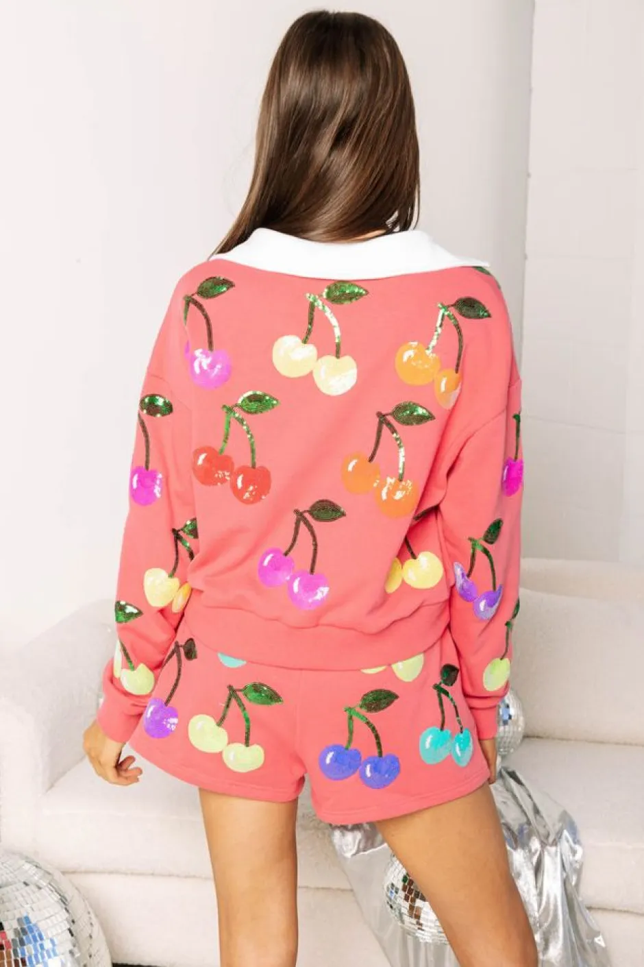 Sweatshirts-Queen of Sparkles Bright Pink Rainbow Cherry Polo Sweatshirt