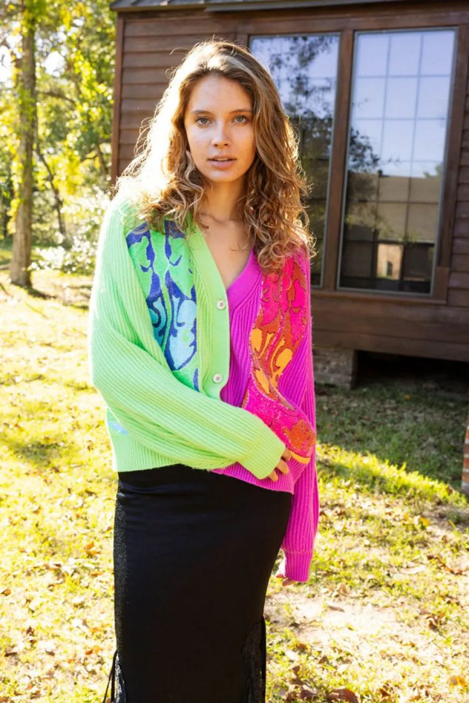 Sweaters-Queen of Sparkles Green And Purple Colorblock Boot Cardigan