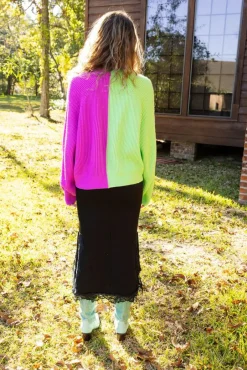 Sweaters-Queen of Sparkles Green And Purple Colorblock Boot Cardigan