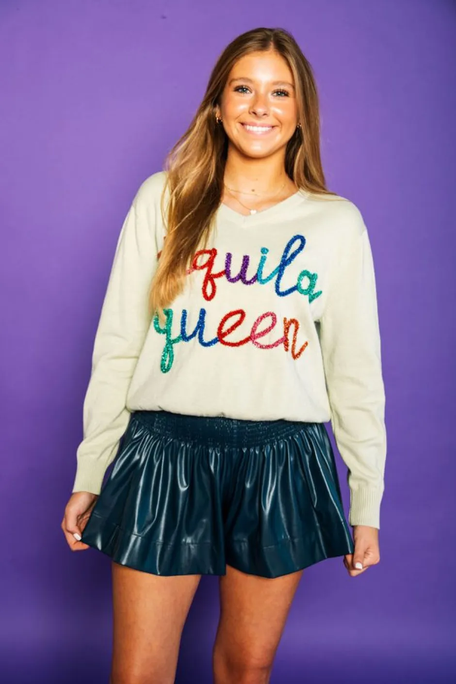 Shorts-Queen of Sparkles Navy Leather Swing Short