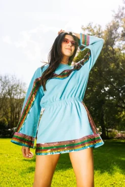Mini-Queen of Sparkles Teal Rainbow Sequin Stripe Dress