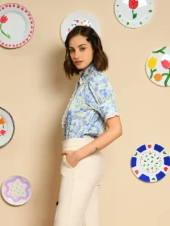 Blouses-Sister Jane Sky Floral Ruffle Blouse - Cornflower Blue