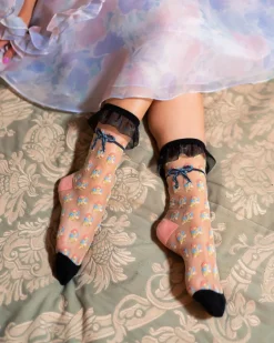 Socks And Tights-Sock Candy Repeat Floral Ruffle Sheer Crew Sock