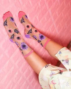 Socks And Tights-Sock Candy Sunflower Butterfly Sheer Crew Sock