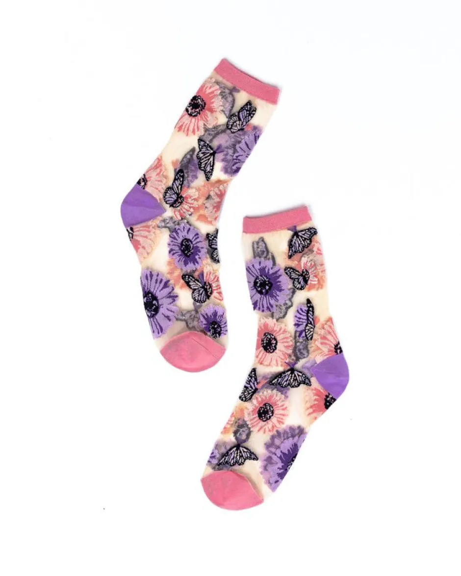 Socks And Tights-Sock Candy Sunflower Butterfly Sheer Crew Sock