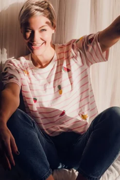 T-Shirts-Sugarhill Brighton Kinsley Relaxed T-Shirt - Off-White/Pink, Fruit Embroidery