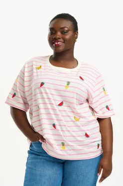 T-Shirts-Sugarhill Brighton Kinsley Relaxed T-Shirt - Off-White/Pink, Fruit Embroidery